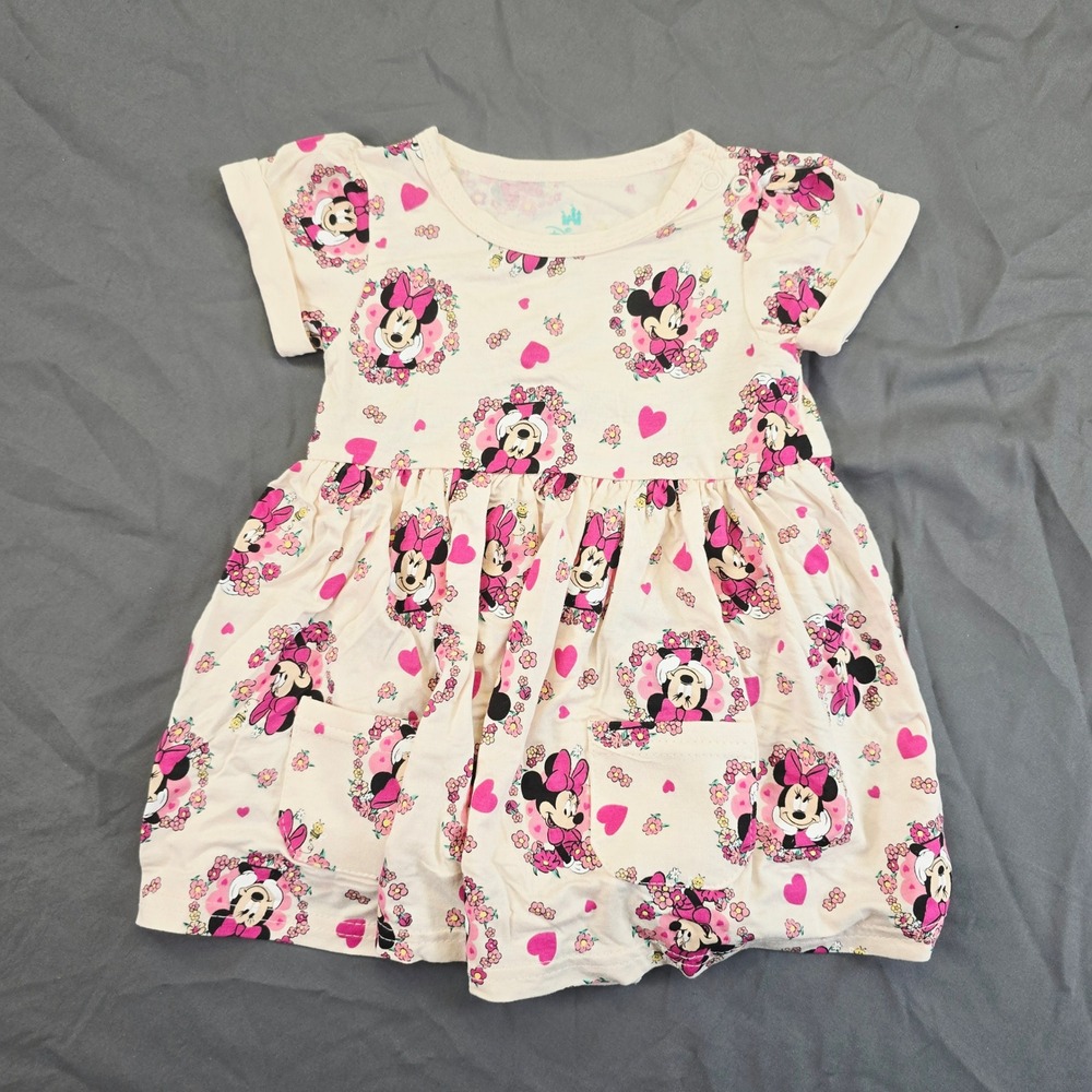 Disney Kids Minnie Mouse Pocket Dress 12M Pink Heart Floral Print Toddler